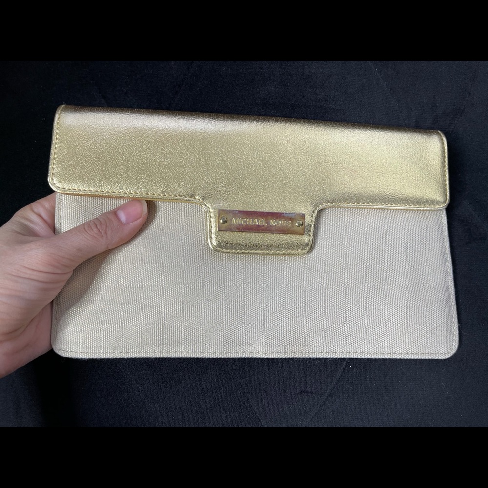 Michael Kors Gold & Canvas Mini Envelope Clutch